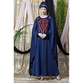 Party wear embroidered abaya with long wing sleeves- Navy Blue